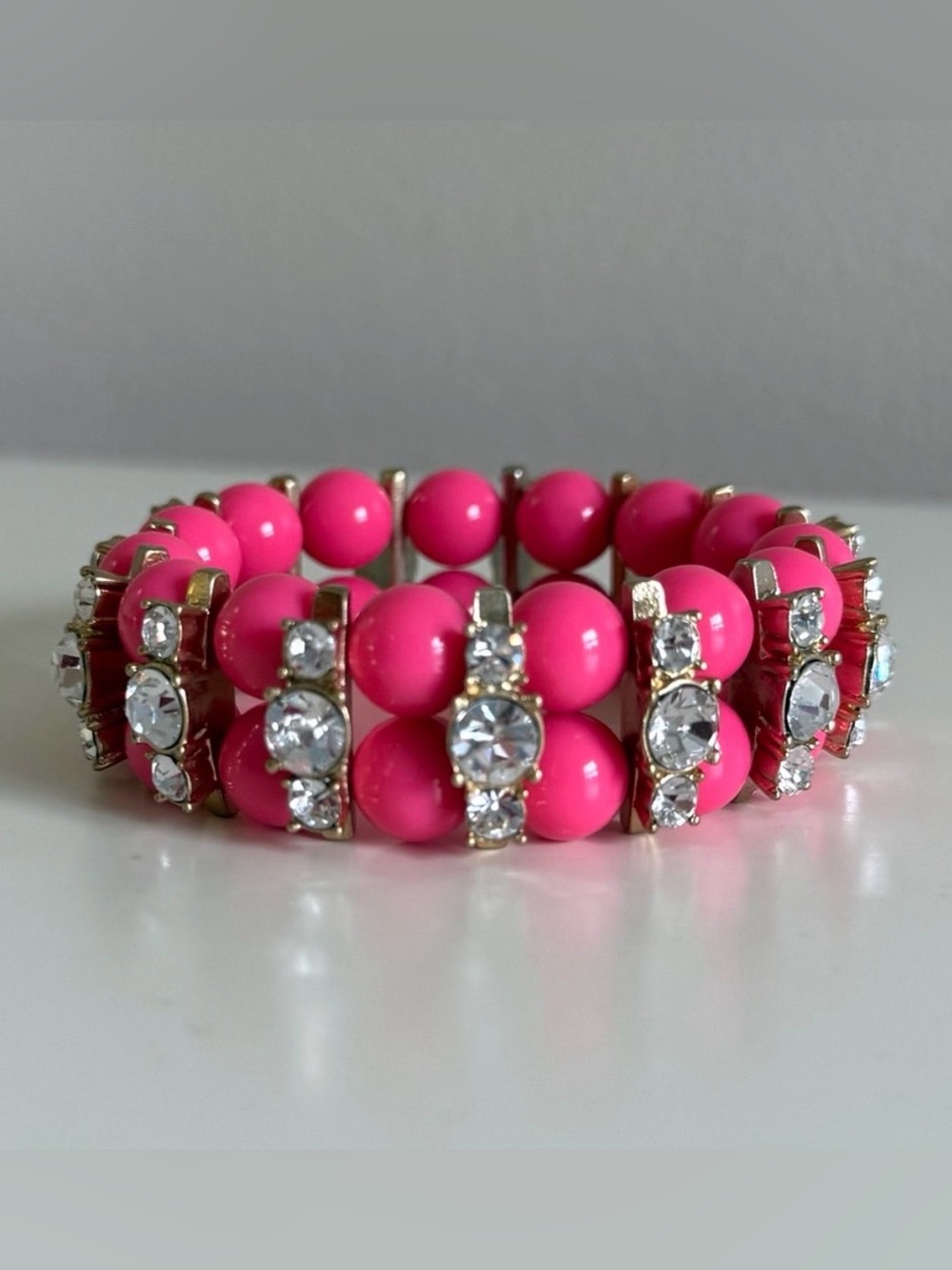 NWOT J.Crew Pink Beaded Stretch Bracelet with Crystal Accents